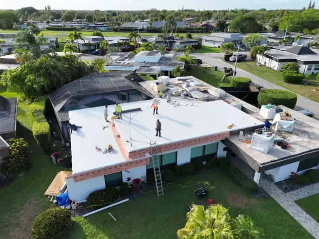 Aerial drone view completed roofing project Florida coast