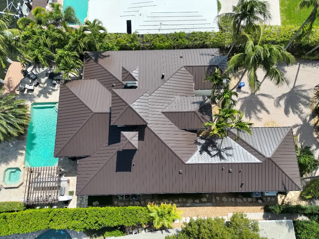 Aerial drone view of luxury tile roof in coastal Florida