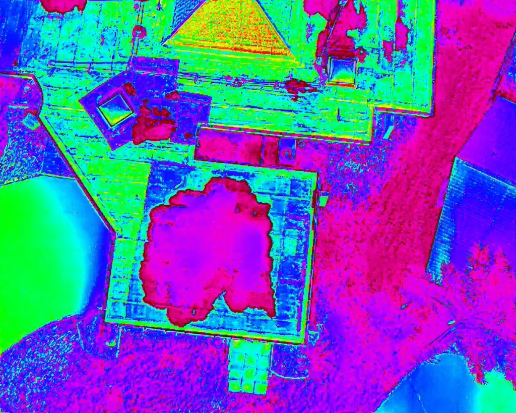Infrared thermal imaging drone inspection showing moisture saturation